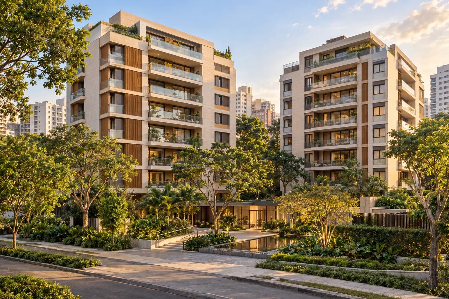Ilustração de arquitetura residencial contemporânea cercada de áreas verdes